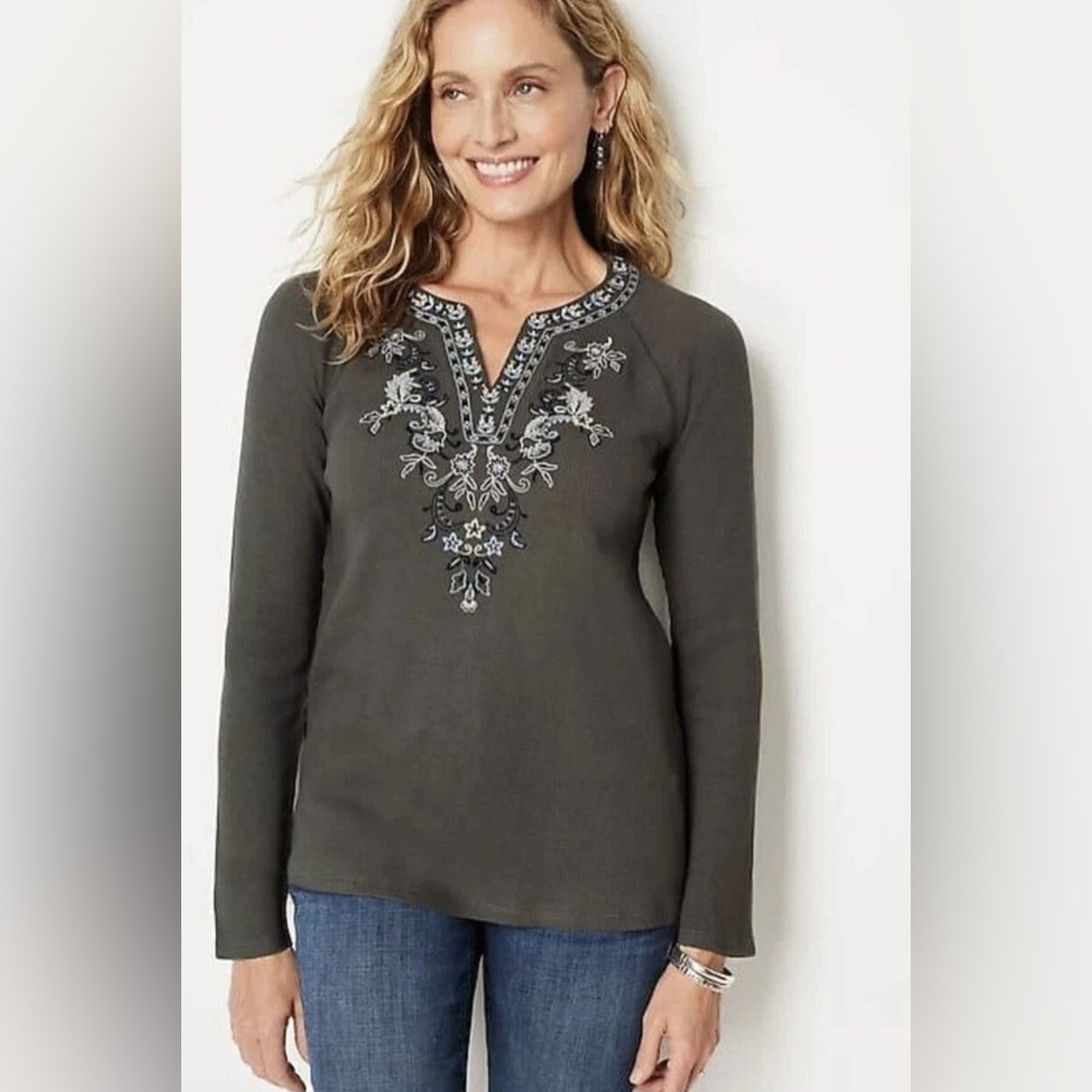 J Jill Womens XL Embroidered Waffle Knit Tunic Top Floral V Neck Shirt